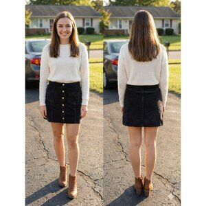 She + Sky Women's Corduroy Mini Skirt Black Button Front Boho Retro Size Large L